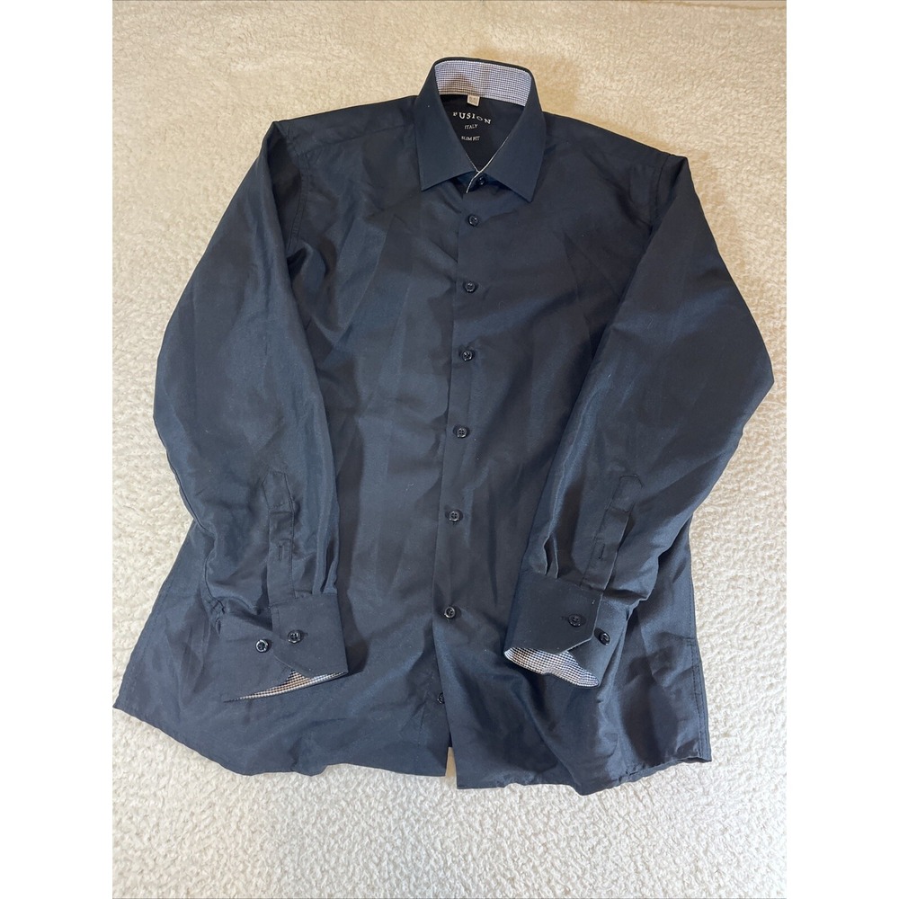 Fusion Men's Dress Shirt Black Slim Fit Spread Collar Italy 15-15.5 32/33